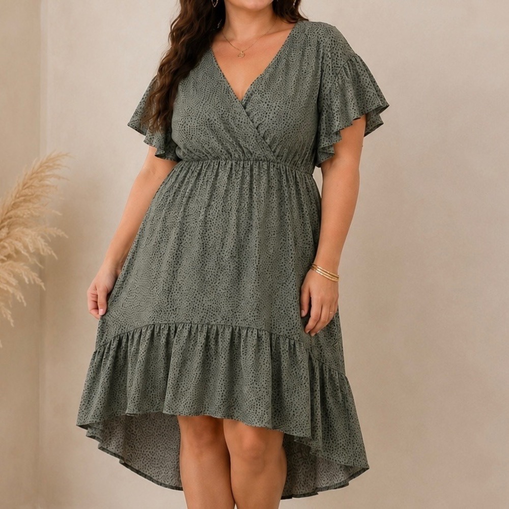 Sage Green Polka Dot High Low Ruffle Dress Plus Size 2XL Boho Cottagecore V Neck